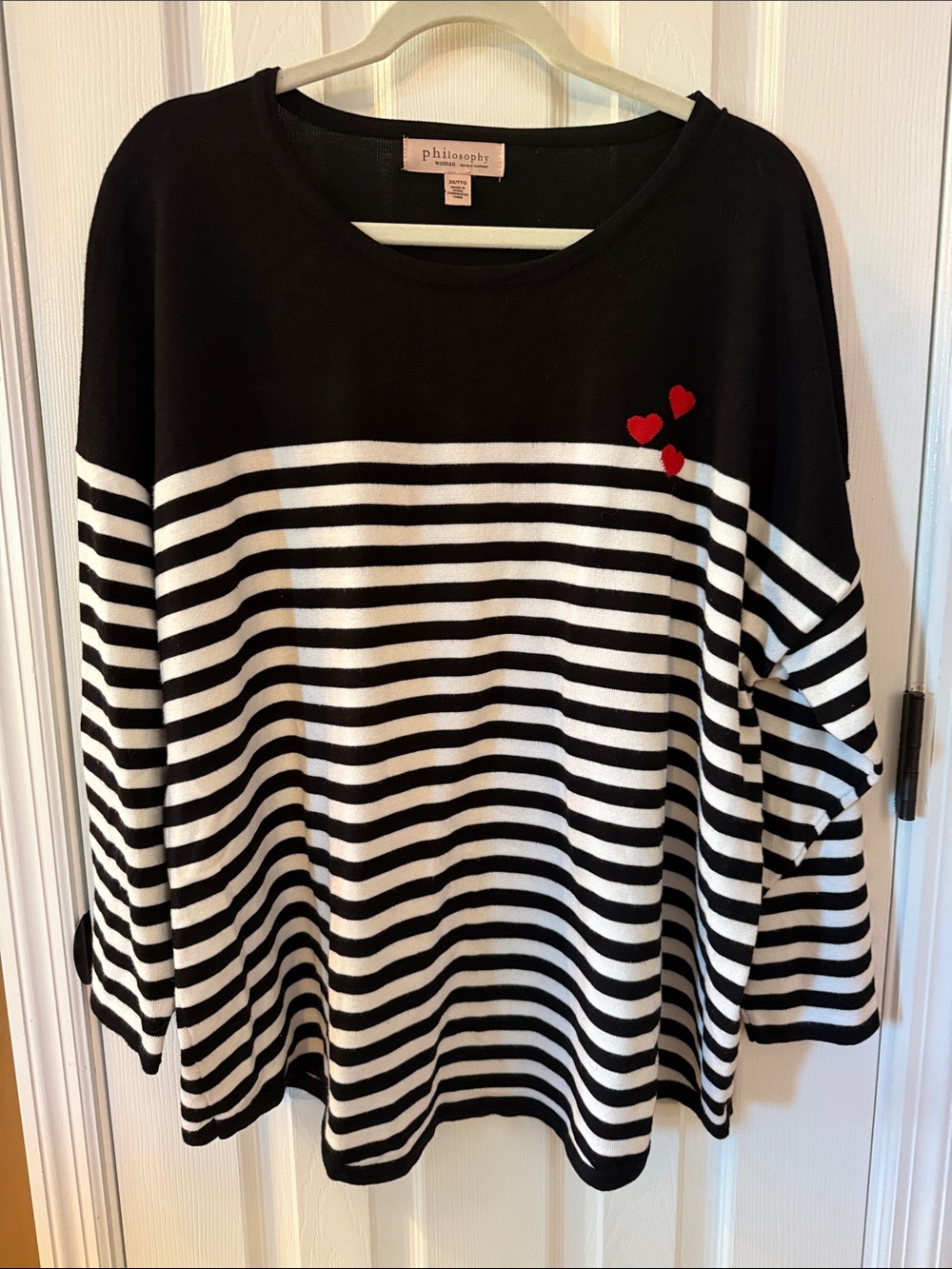 Philosophy Black & White Striped Top with Red Heart Details